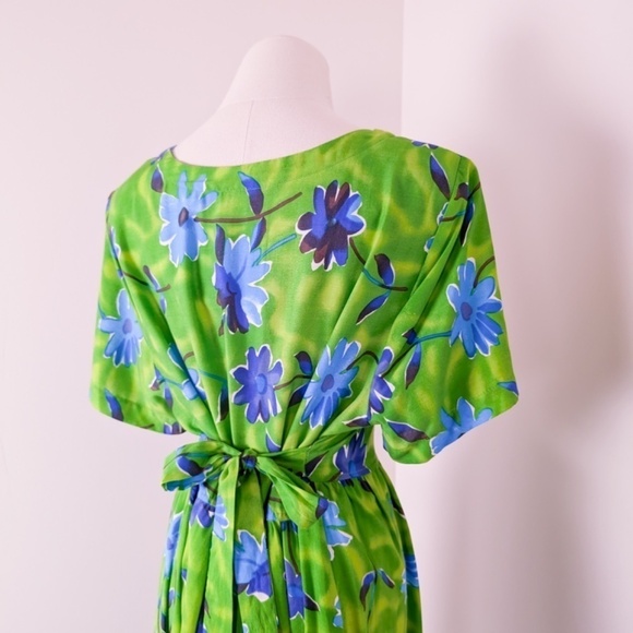 80's Babydoll Floral Dress Maxi Short Sleeve Waist Tie Long Floor Length - Picture 6 of 14